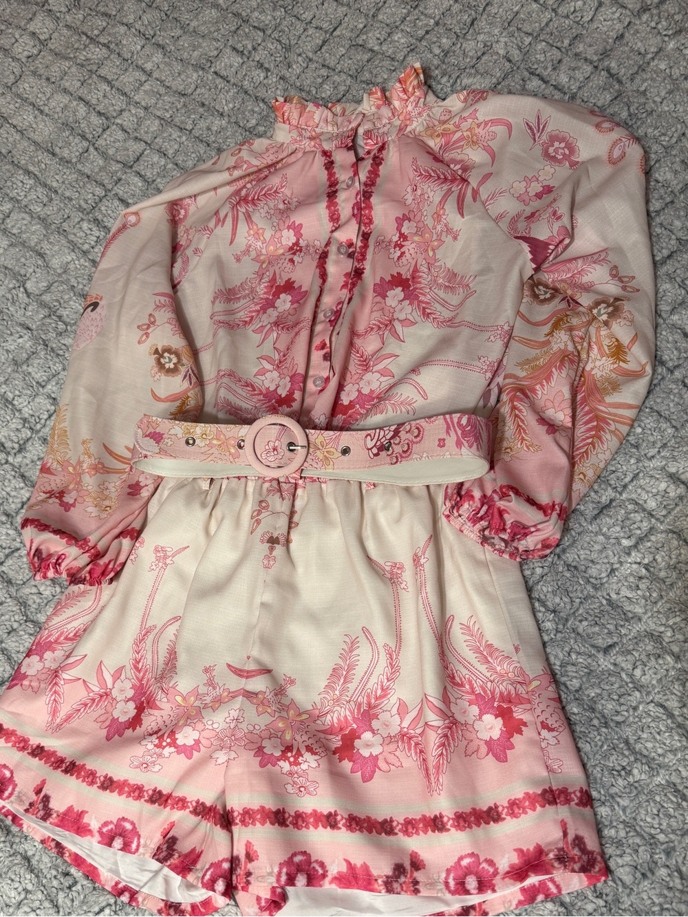 Pink Floral Print Short Set with Belt